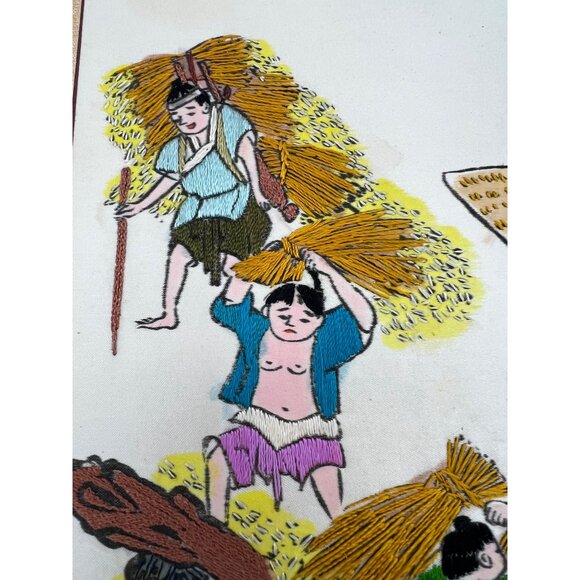 Vintage Korean Silk Embroidery Rice Harvest Scene With Yangban Overseer Panel - Picture 3 of 7